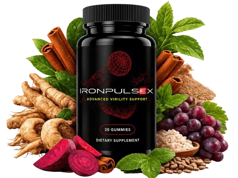 Black IronPulseX bottle, Advanced Virility Support, 30 gummies, surrounded by maca root, beet root, grape seeds, mint and cinnamon