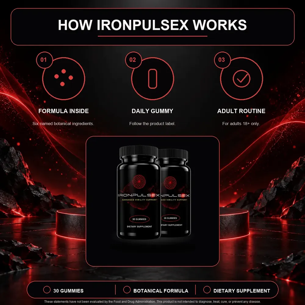 How IronPulseX Works graphic with three numbered circles: Formula Inside, Daily Gummy and Adult Routine, above two black bottles on a red-lit stage