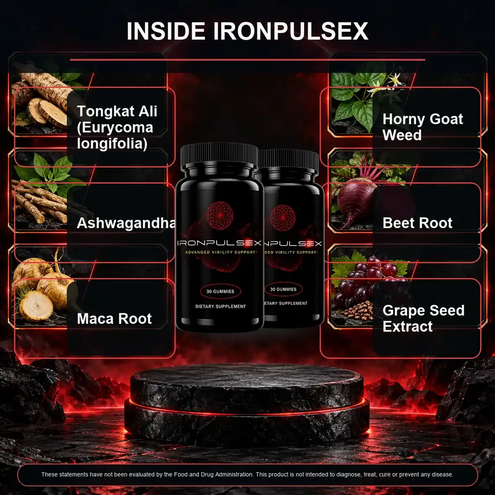 Inside IronPulseX graphic with two black bottles on a pedestal between tiles for tongkat ali, ashwagandha, maca root, horny goat weed, beet root and grape seed extract