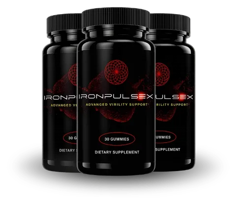 Three black IronPulseX bottles, 30 gummies each, labeled Advanced Virility Support