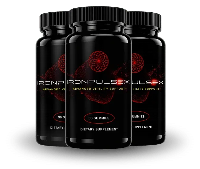 Three black IronPulseX bottles, 30 gummies each