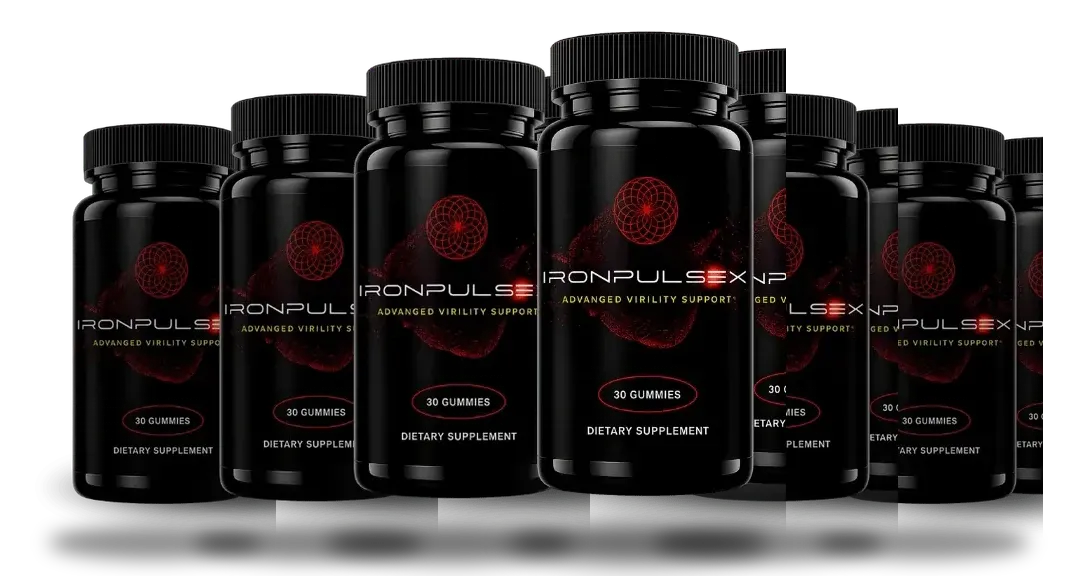 Row of black IronPulseX bottles, each labeled Advanced Virility Support, 30 gummies, dietary supplement